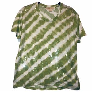 Michael Kors Tie Dye Green Sequin Short Sleeve Top